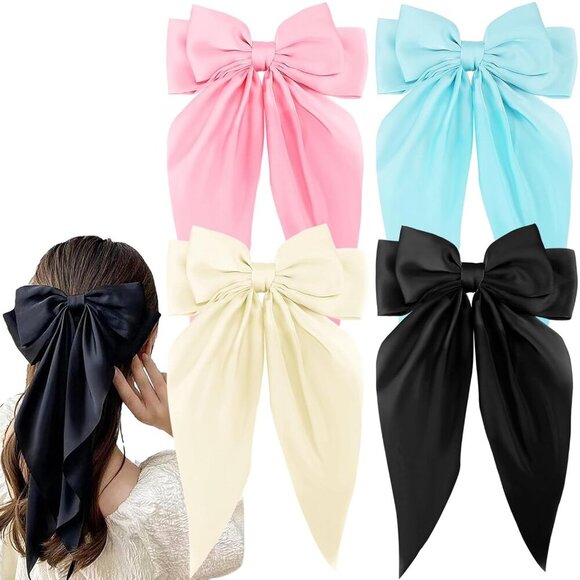 Accessories - 4Pcs Hair Bow Clips for Women Girls Silky Satin Bow Hair Clips Hair Ribbon with